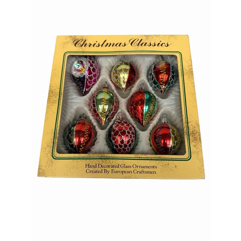 Vintage Commodore Christmas Classics Glass Teardrop Reflector Glitter Ornaments